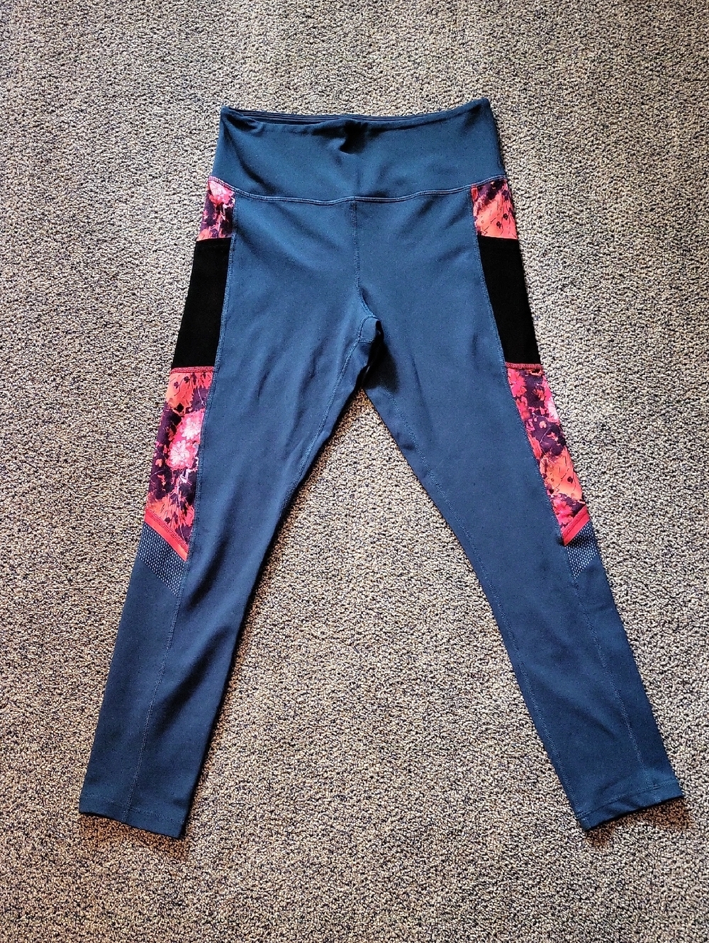 ZYIA Navy Leggings with Pink Floral Side Panels